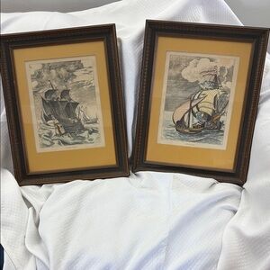 Pair of Mid-century hand painted etchings Nautical Ship Art Prints Ea 29.5x15 in